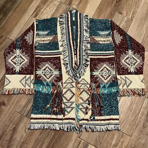 Aztec Wrapper Native American Indian Vintage Tapestry Fringe Sweater NWOT